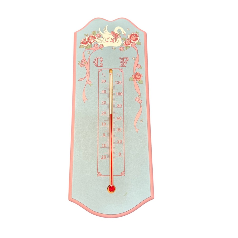Vintage Style Wall Thermometer Floral Swan Cottage Decor Blue Pink